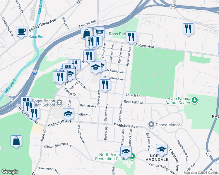 map of restaurants, bars, coffee shops, grocery stores, and more near 4420 Sullivan Avenue in Cincinnati