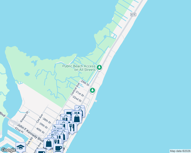 map of restaurants, bars, coffee shops, grocery stores, and more near 2710 Landis Avenue in Sea Isle City