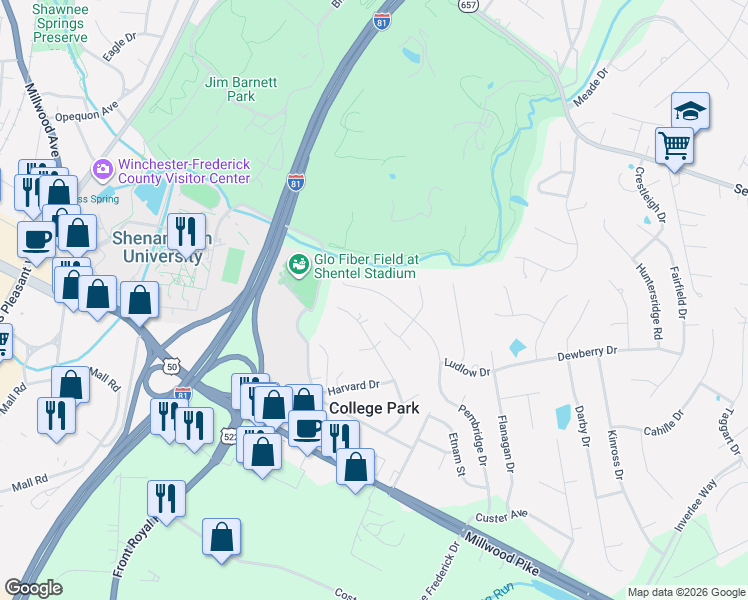 map of restaurants, bars, coffee shops, grocery stores, and more near 305 Pembridge Drive in Winchester