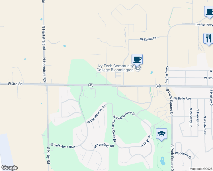 map of restaurants, bars, coffee shops, grocery stores, and more near 5300 West 3rd Street in Bloomington