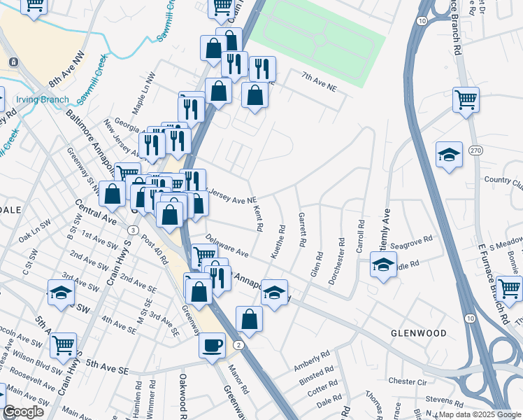 map of restaurants, bars, coffee shops, grocery stores, and more near 215 Kent Road in Glen Burnie