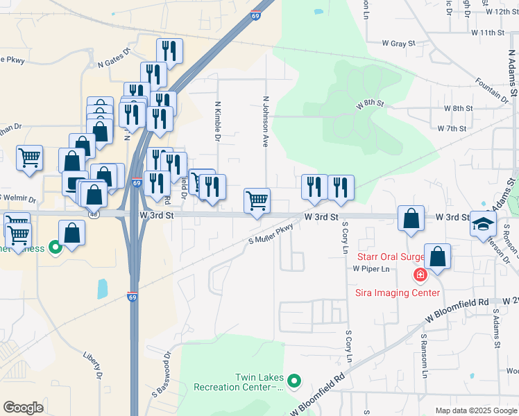 map of restaurants, bars, coffee shops, grocery stores, and more near 2400 West 3rd Street in Bloomington