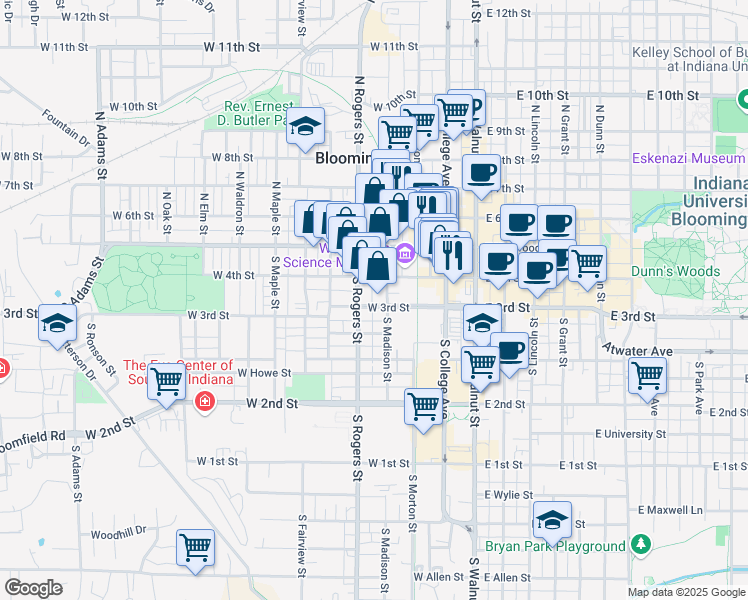 map of restaurants, bars, coffee shops, grocery stores, and more near 410 West 3rd Street in Bloomington