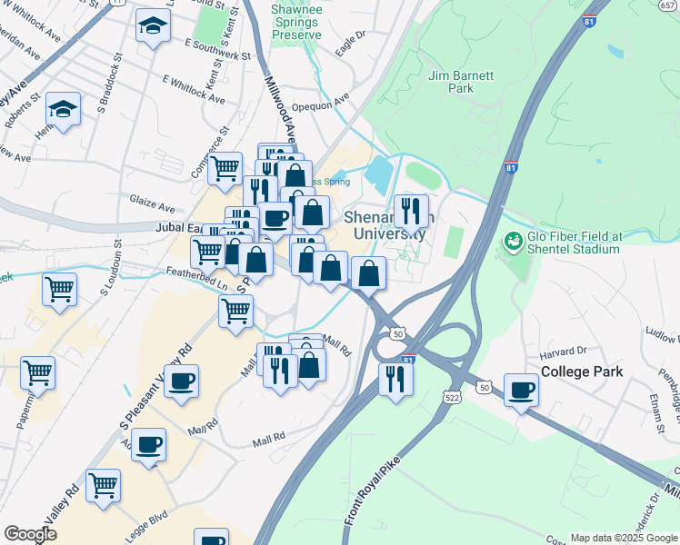 map of restaurants, bars, coffee shops, grocery stores, and more near 1850 Apple Blossom Drive in Winchester
