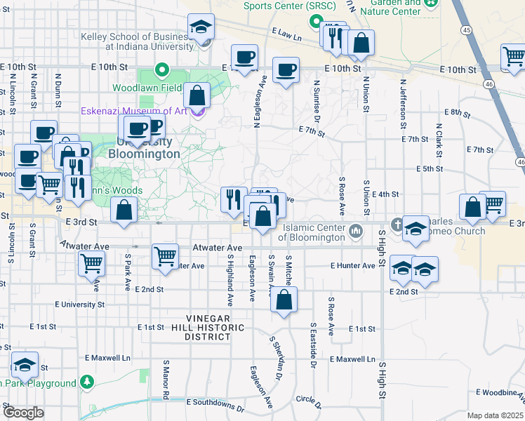 map of restaurants, bars, coffee shops, grocery stores, and more near 107 South Indiana Avenue in Bloomington