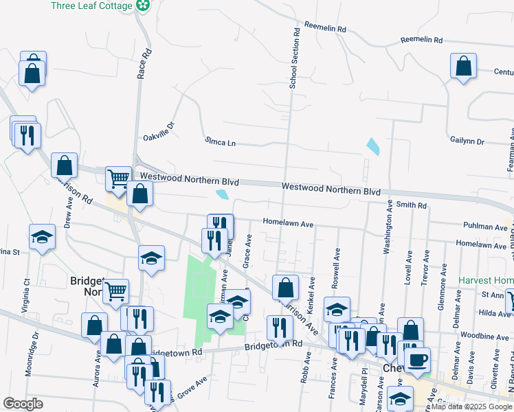 map of restaurants, bars, coffee shops, grocery stores, and more near 4235 Victorian Green Drive in Cincinnati
