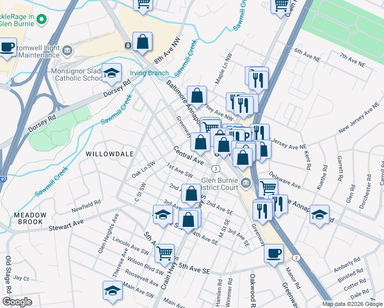 map of restaurants, bars, coffee shops, grocery stores, and more near 104 Central Avenue in Glen Burnie