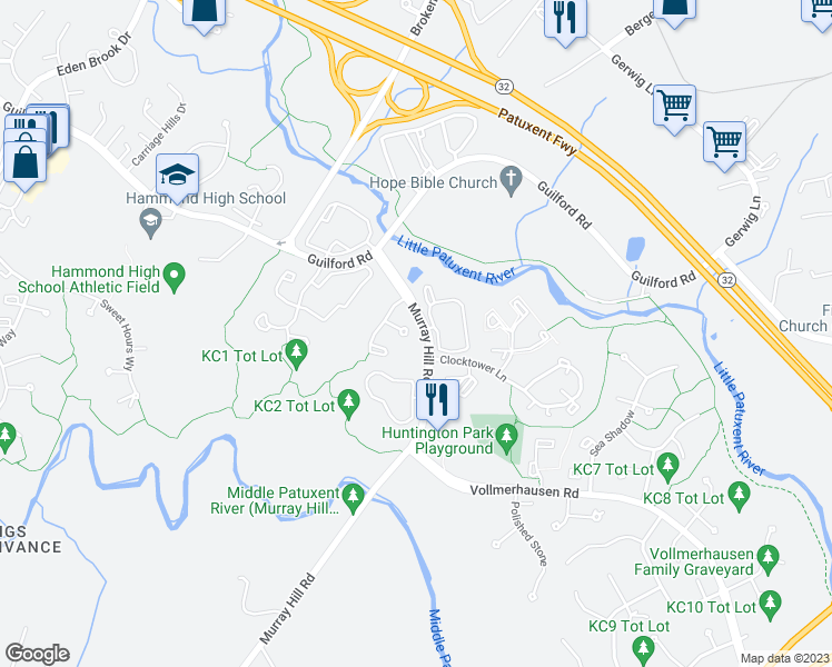 map of restaurants, bars, coffee shops, grocery stores, and more near 7533 Summer Blossom Lane in Columbia
