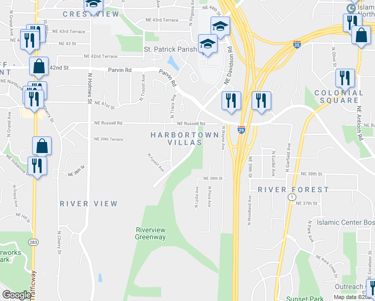 map of restaurants, bars, coffee shops, grocery stores, and more near 1339 Northeast 39th Street in Kansas City