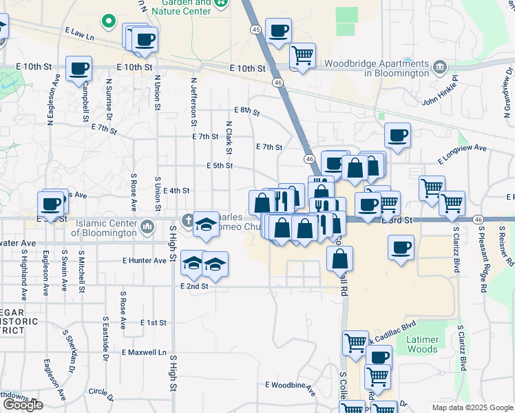 map of restaurants, bars, coffee shops, grocery stores, and more near 230 South Hillsdale Court in Bloomington
