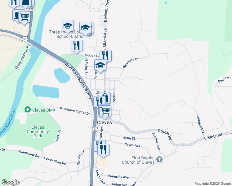 map of restaurants, bars, coffee shops, grocery stores, and more near 256 Spring Street in Cleves