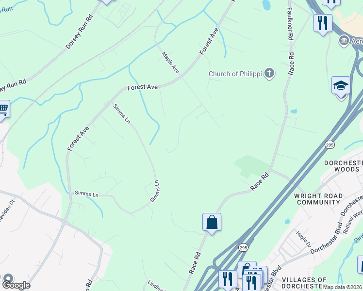 map of restaurants, bars, coffee shops, grocery stores, and more near 1757 Simms Lane in Anne Arundel County