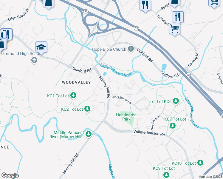 map of restaurants, bars, coffee shops, grocery stores, and more near 7569 Murray Hill Road in Columbia