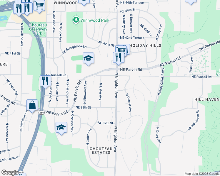 map of restaurants, bars, coffee shops, grocery stores, and more near 3908 North Brighton Avenue in Kansas City