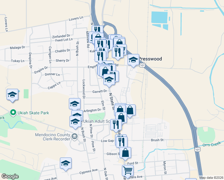 map of restaurants, bars, coffee shops, grocery stores, and more near 1059 North State Street in Ukiah