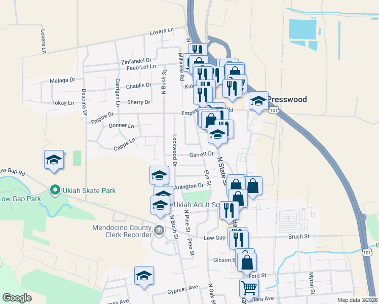 map of restaurants, bars, coffee shops, grocery stores, and more near 246 Garrett Drive in Ukiah