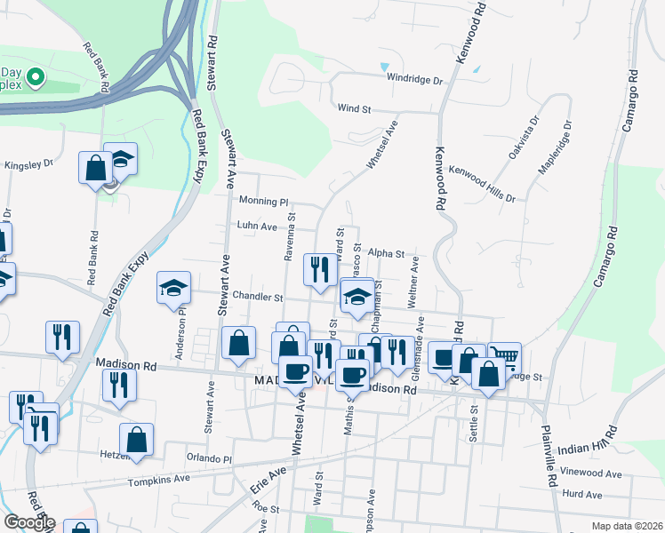 map of restaurants, bars, coffee shops, grocery stores, and more near 5335 Ward Street in Cincinnati