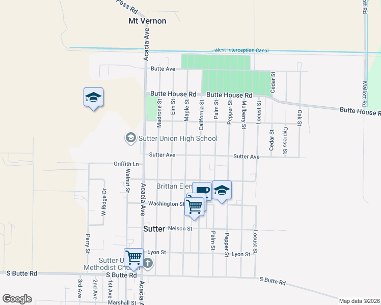 map of restaurants, bars, coffee shops, grocery stores, and more near 2515 Maple Street in Sutter