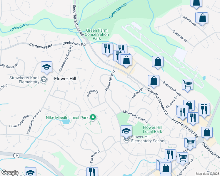 map of restaurants, bars, coffee shops, grocery stores, and more near 18661 Blue Violet Lane in Gaithersburg