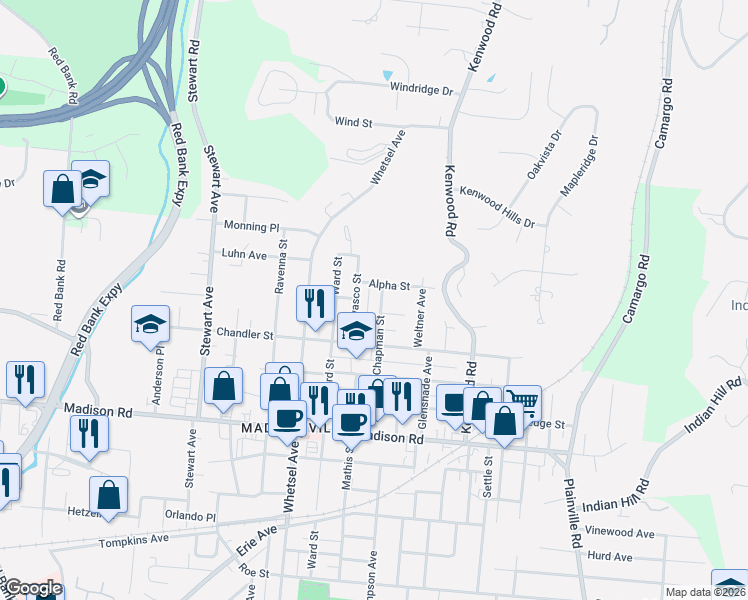 map of restaurants, bars, coffee shops, grocery stores, and more near 5406 Owasco Street in Cincinnati