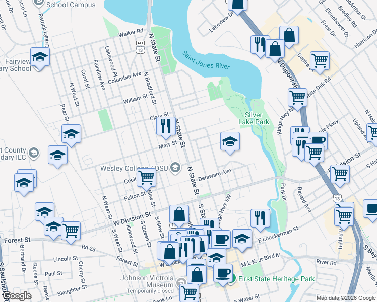 map of restaurants, bars, coffee shops, grocery stores, and more near 223 North State Street in Dover