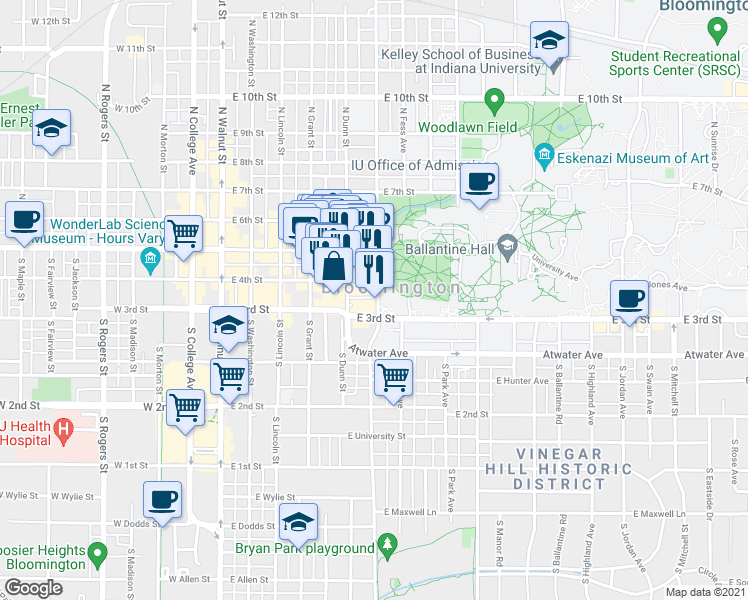 map of restaurants, bars, coffee shops, grocery stores, and more near 525 East 4th Street in Bloomington