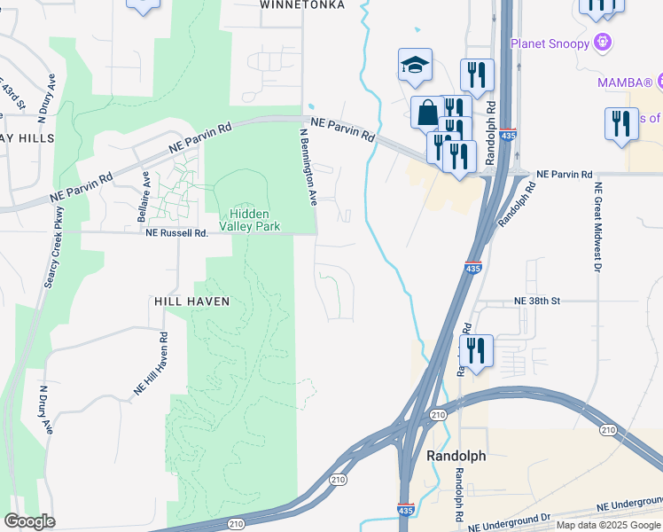 map of restaurants, bars, coffee shops, grocery stores, and more near 6653 Northeast 39th Street in Kansas City
