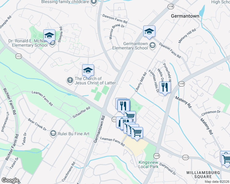 map of restaurants, bars, coffee shops, grocery stores, and more near 18904 McFarlin Drive in Germantown