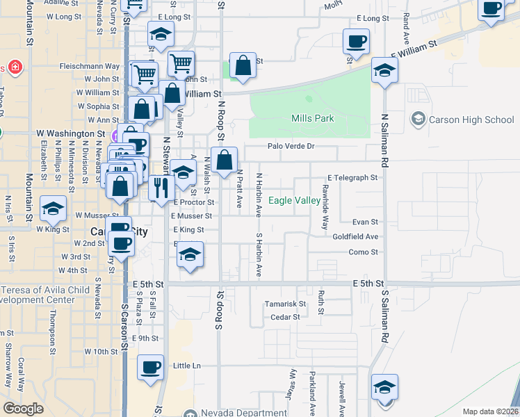 map of restaurants, bars, coffee shops, grocery stores, and more near 217 North Harbin Avenue in Carson City