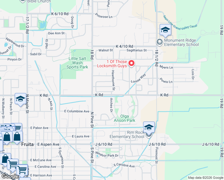 map of restaurants, bars, coffee shops, grocery stores, and more near 1187 Cherrywood Avenue in Fruita
