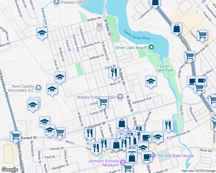 map of restaurants, bars, coffee shops, grocery stores, and more near 237 North Governors Avenue in Dover