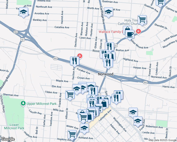 map of restaurants, bars, coffee shops, grocery stores, and more near 2066 Foraker Avenue in Cincinnati
