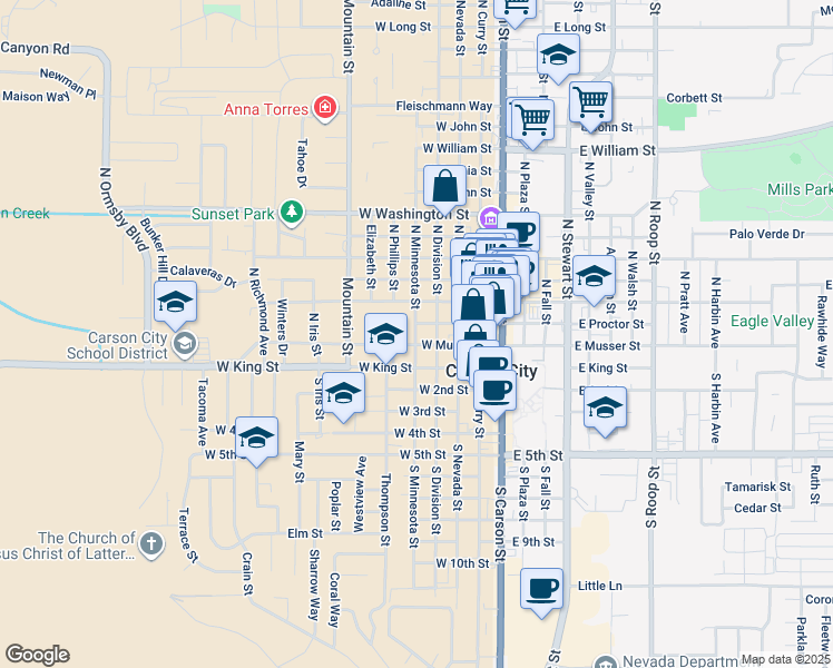 map of restaurants, bars, coffee shops, grocery stores, and more near 210 North Minnesota Street in Carson City