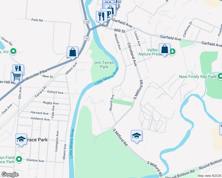 map of restaurants, bars, coffee shops, grocery stores, and more near 203 Milford Parkway in Milford