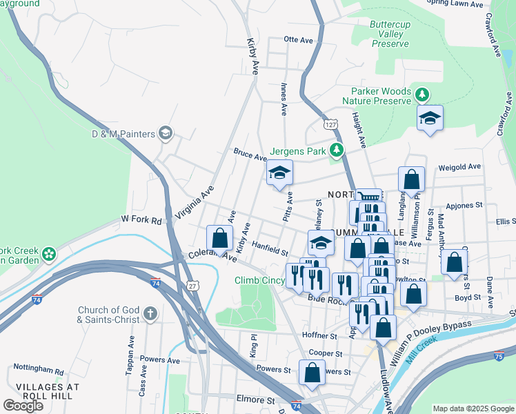 map of restaurants, bars, coffee shops, grocery stores, and more near 4211 Kirby Avenue in Cincinnati