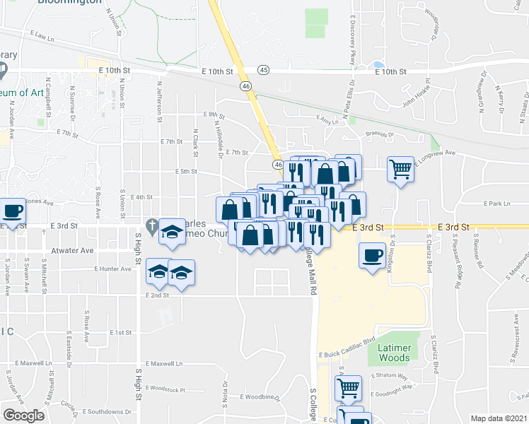 map of restaurants, bars, coffee shops, grocery stores, and more near 2611 East 3rd Street in Bloomington