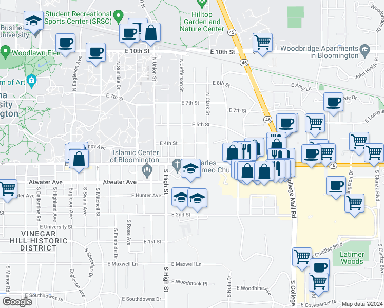 map of restaurants, bars, coffee shops, grocery stores, and more near 212 South Roosevelt Street in Bloomington