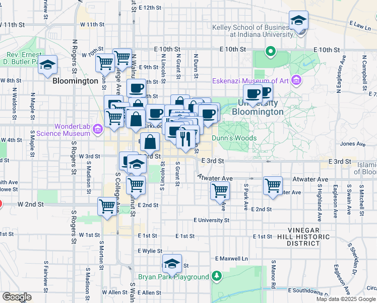 map of restaurants, bars, coffee shops, grocery stores, and more near 421 East 3rd Street in Bloomington