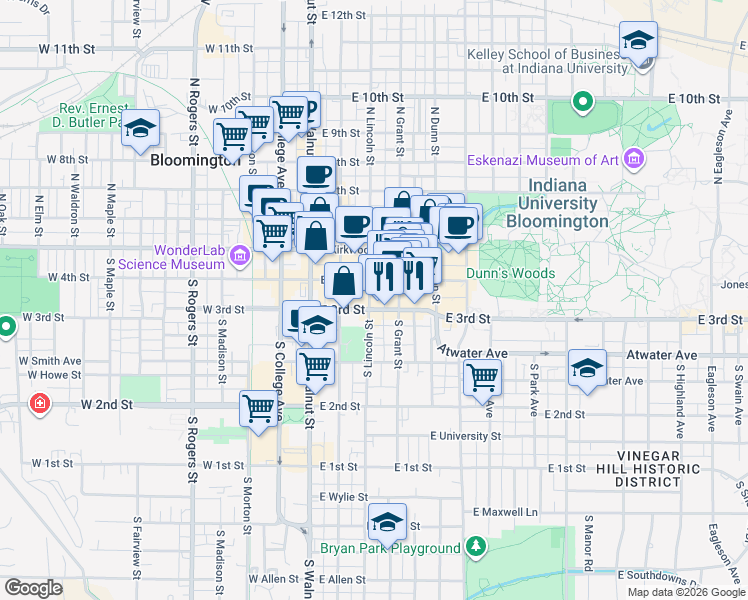 map of restaurants, bars, coffee shops, grocery stores, and more near 309 East 3rd Street in Bloomington