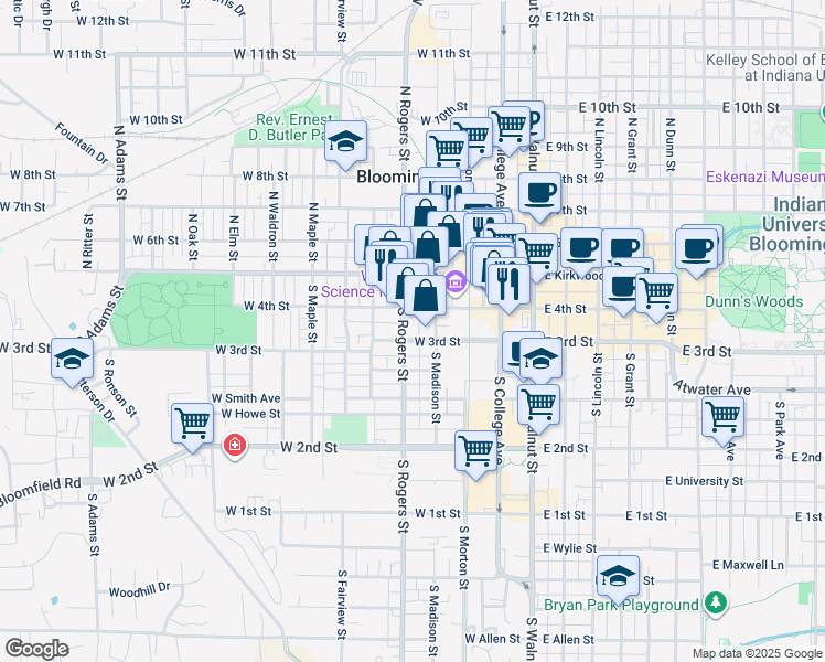 map of restaurants, bars, coffee shops, grocery stores, and more near 410 West 3rd Street in Bloomington