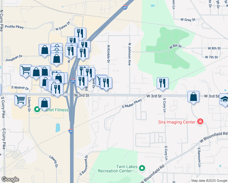 map of restaurants, bars, coffee shops, grocery stores, and more near 2400-2552 W 3rd St in Bloomington