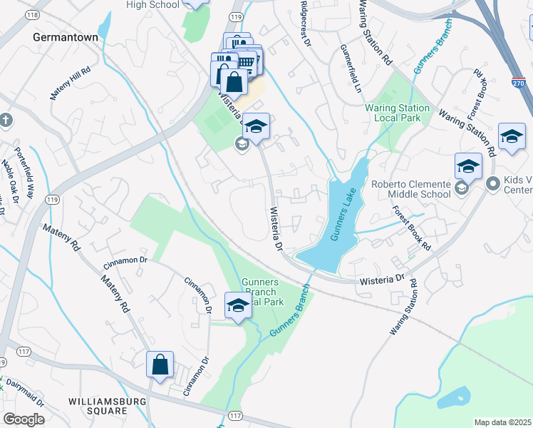 map of restaurants, bars, coffee shops, grocery stores, and more near 18833 Bent Willow Circle in Germantown