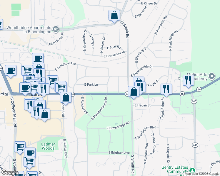map of restaurants, bars, coffee shops, grocery stores, and more near 207 South Meadowbrook Drive in Bloomington