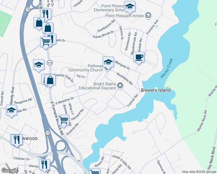 map of restaurants, bars, coffee shops, grocery stores, and more near 115 Southfield Road in Glen Burnie