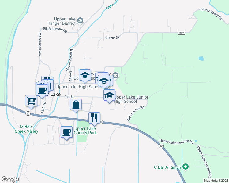 map of restaurants, bars, coffee shops, grocery stores, and more near 675 Clover Valley Road in Upper Lake