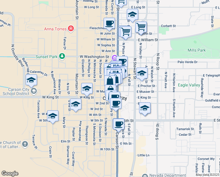map of restaurants, bars, coffee shops, grocery stores, and more near in Carson City