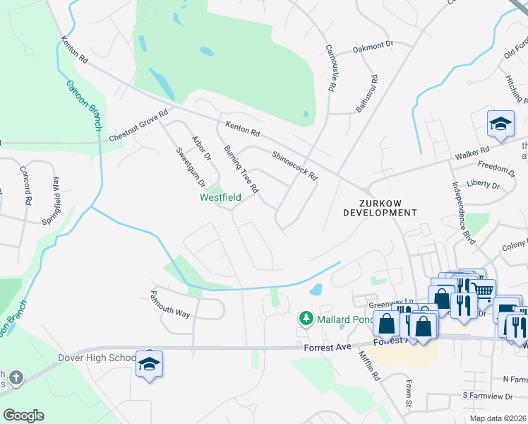 map of restaurants, bars, coffee shops, grocery stores, and more near 112 Burning Tree Road in Dover
