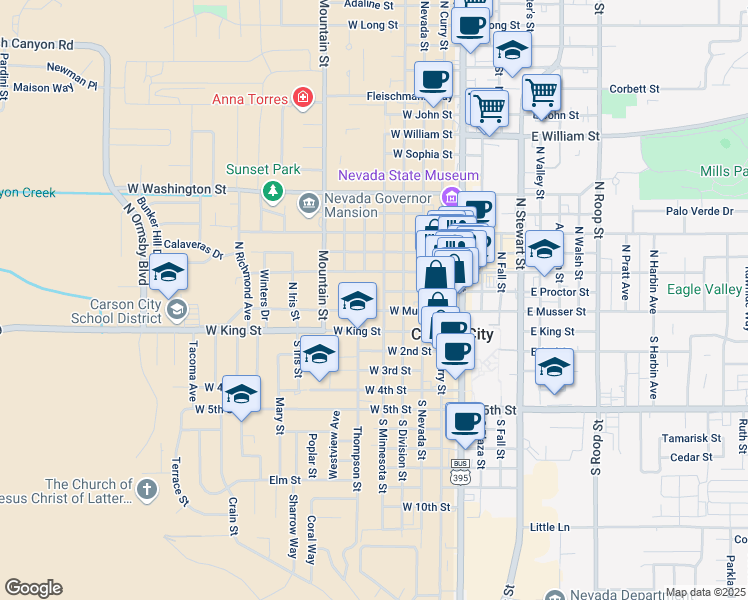 map of restaurants, bars, coffee shops, grocery stores, and more near 210 North Minnesota Street in Carson City