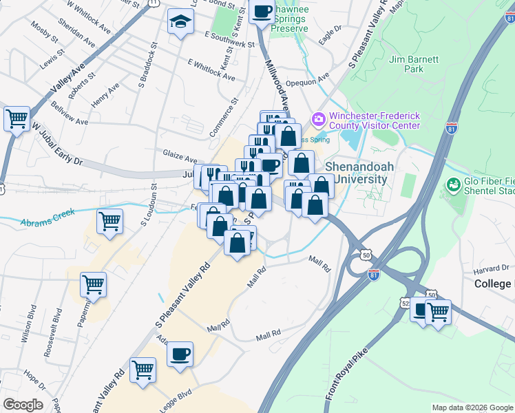 map of restaurants, bars, coffee shops, grocery stores, and more near 1702-1734 South Pleasant Valley Road in Winchester