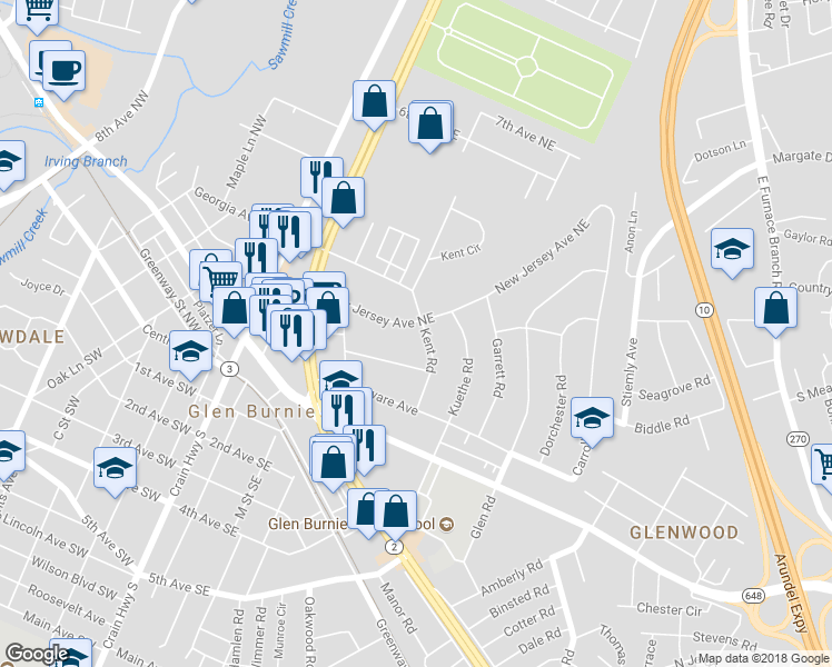 map of restaurants, bars, coffee shops, grocery stores, and more near 333 New Jersey Ave NE in Glen Burnie